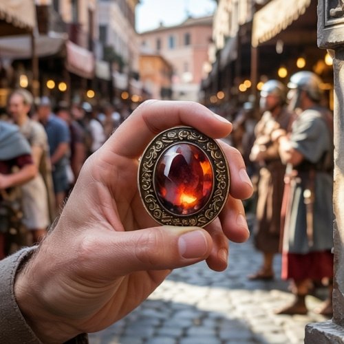 A hand holds an ornate, glowing red garnet pendant on a busy, historical street with Roman soldiers and market stalls, creating a sense of historical mystery.