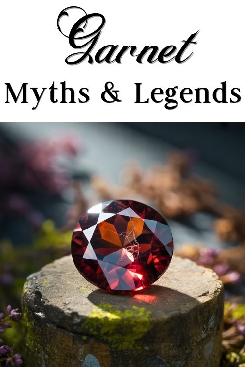 A shiny, red garnet gemstone rests on a mossy stone, surrounded by blurred natural elements. Text above reads "Garnet Myths & Legends".