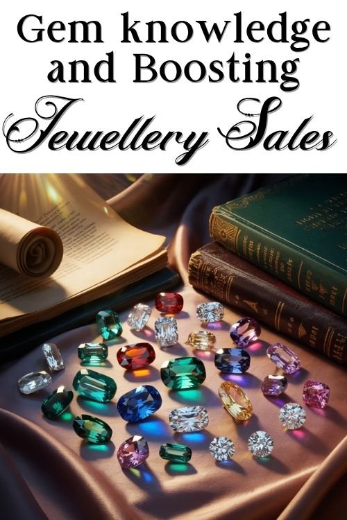 Elegant display of colorful gemstones on silky fabric beside old books and a scroll. Text above reads, "Gem knowledge and Boosting Jewellery Sales."