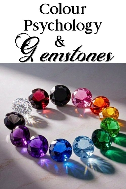 A circle of colorful gemstones on a light surface, each reflecting a different hue, including red, blue, green, purple, and yellow. At the top, text reads 'Colour Psychology & Gemstones' in elegant font, conveying a sense of harmony and vibrancy.