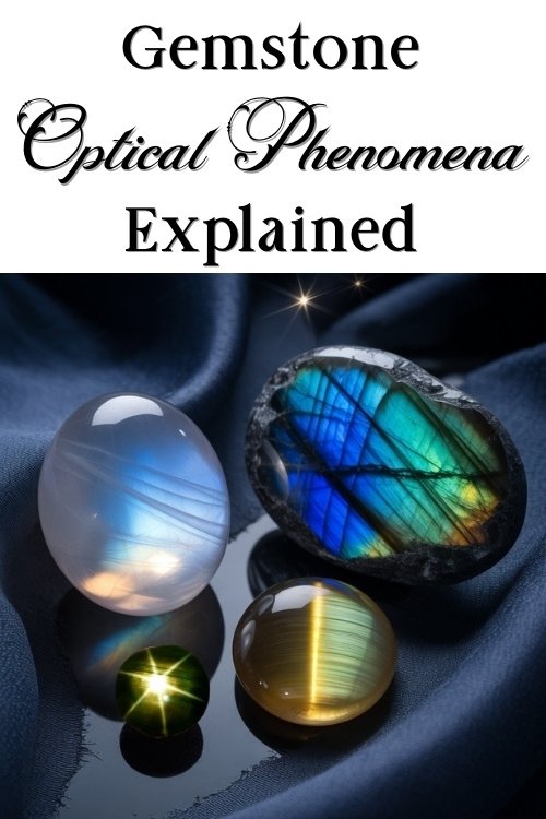 Alt text: "Blue fabric displays four gemstones with optical effects: a blue-white moonstone, iridescent labradorite, a cat's eye stone, and star sapphire. Text above reads 'Gemstone Optical Phenomena Explained.'"