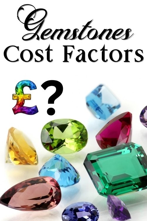 Various colorful gemstones are scattered below the bold text "Gemstones Cost Factors," accompanied by a rainbow-colored pound sign and a question mark.