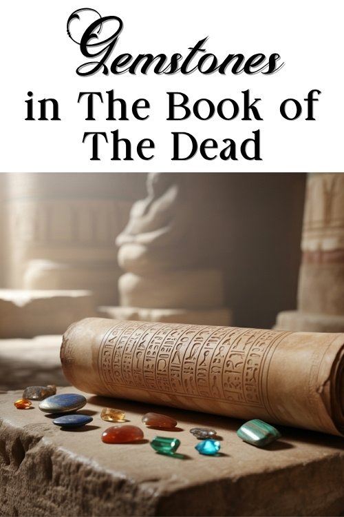 Ancient scroll with Egyptian hieroglyphs lies open on a stone surface, adorned with colorful gemstones. The text read Gemstones in the book of the dead