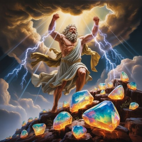 A majestic image of Zeus stands on a mountain, summoning lightning as he celebrates. Vibrant, glowing opals surround him under dramatic stormy skies.