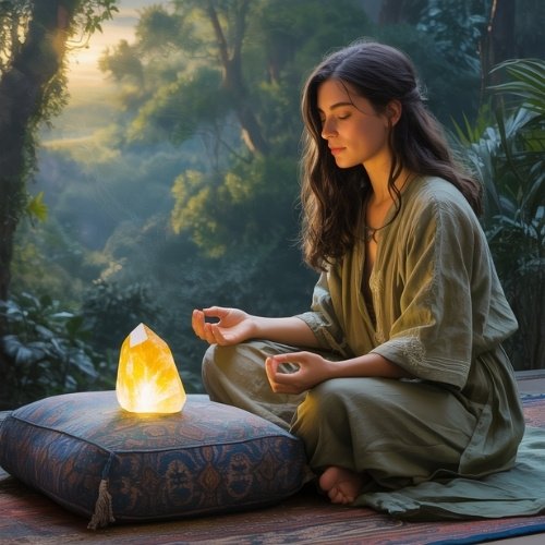 A woman meditates serenely outdoors in a lush forest setting. She sits cross-legged on a cushion, eyes closed, hands gently resting. A glowing heliodor crystal is beside her.
