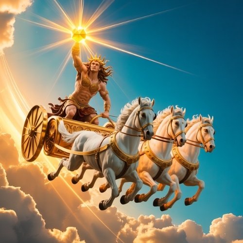 A Greek god drives a golden chariot pulled by Three white horses through vibrant clouds. The man holds a glowing heliodor gemstone, suggesting power and divinity.