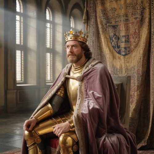 A regal man in golden armor wearing a crown set with a heliodor gemstone sits in a sunlit medieval room, draped in a purple cape. A tapestry with a crest hangs behind him, conveying royalty.