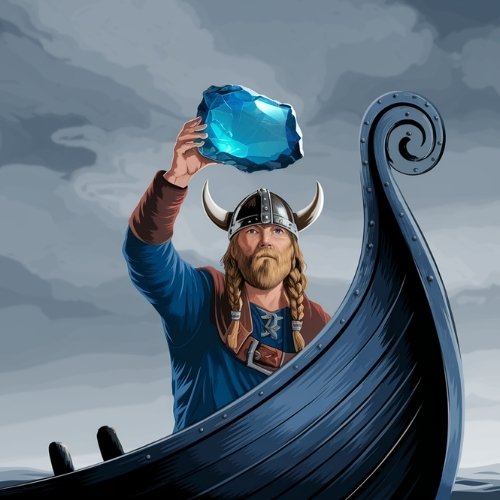 A Viking in a horned helmet holds a large, glowing blue iolite gemstone aloft on a wooden ship's deck, beneath a dramatic cloudy sky.