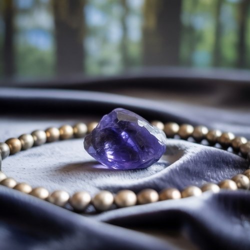 A rough iolite gemstone rests on a luxurious dark fabric, encircled by a beaded bracelet. The background features a soft-focus forest, creating a serene mood.