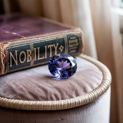 A faceted iolite gem rests on a soft, round cushion beside an old book titled "Nobility." The scene conveys elegance and timeless sophistication.