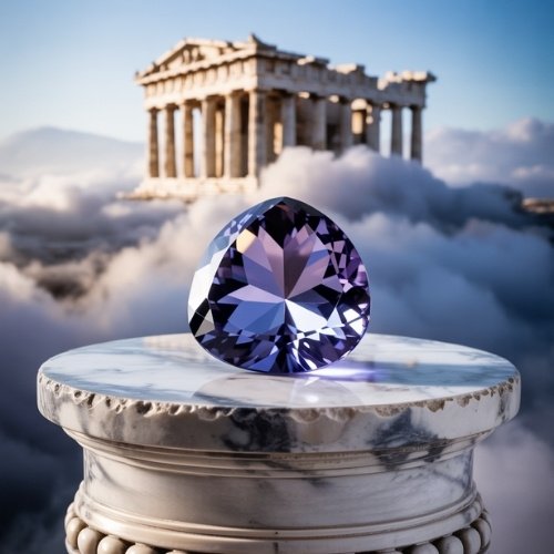 A violet iolite gemstone rests on a marble pedestal amidst clouds, with the Parthenon in the background. The scene conveys elegance and serenity.