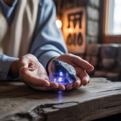 A person in a blue shirt holds a glowing, iolite crystal in cupped hands over a wooden table. The background features art and a softly lit window, creating a mystical ambiance.