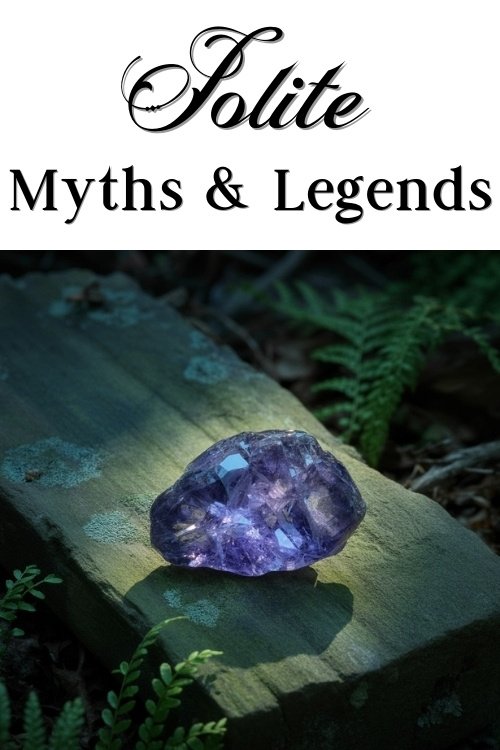 A violet iolite crystal glowing on a mossy stone, surrounded by ferns, under soft light. Title "Iolite Myths & Legends" above. Mystical and enchanting scene.