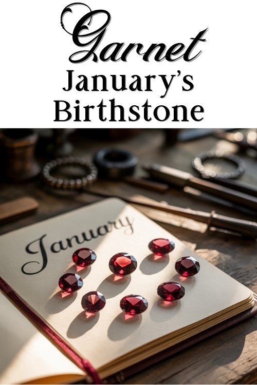 Seven red garnet gemstones on an open notebook with 'January' written on it, surrounded by tools. The text reads 'Garnet, January's Birthstone.'
