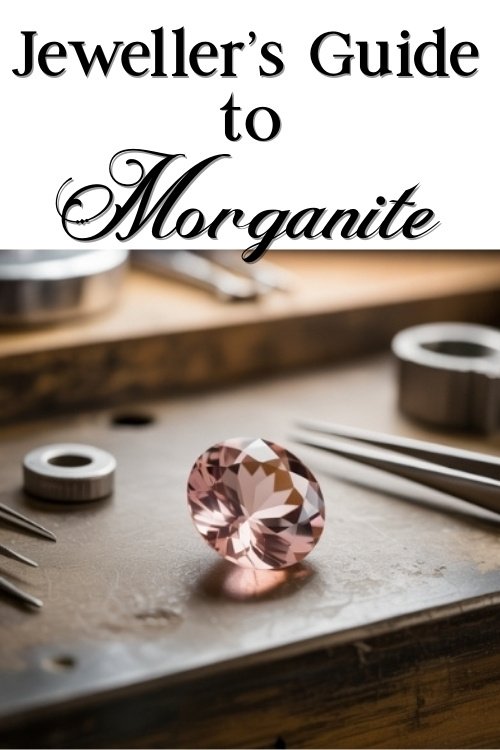 A pink morganite gem sits on a jeweler’s workbench surrounded by tools. Above, the text reads "Jeweller's Guide to Morganite" in an elegant font.