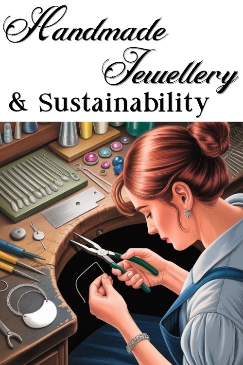 A woman at a workbench crafts jewelry, surrounded by tools and materials. The text "Handmade Jewellery & Sustainability" is above, highlighting creativity and eco-friendliness.