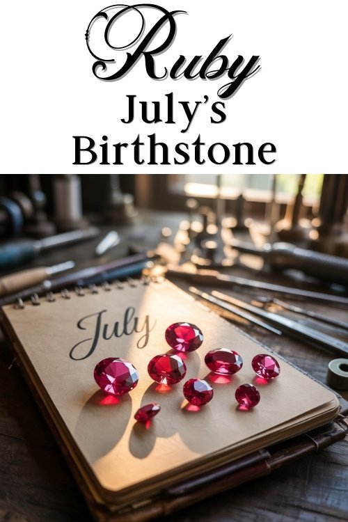 "July" with a workshop setting in the background. Text above reads "Ruby, July's Birthstone."