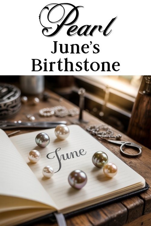 Open journal on a wooden desk with assorted pearls, labeled "June." Sunlight illuminates tools and jewelry, creating a vintage, elegant atmosphere. Text at the top of the image reads 'Pearl June's Birthstone'