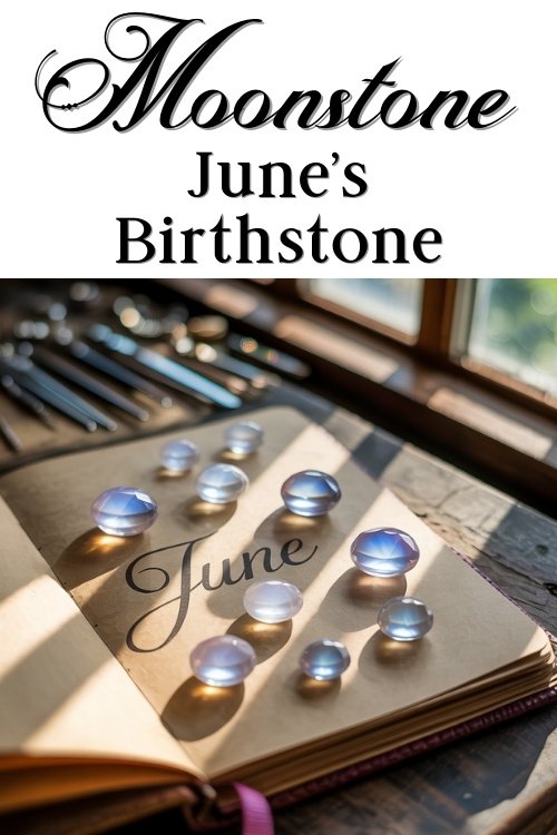 Open book with "June" written on a page, adorned by moonstones reflecting sunlight. Elegant text above reads "Moonstone June's Birthstone." Warm, serene ambiance.