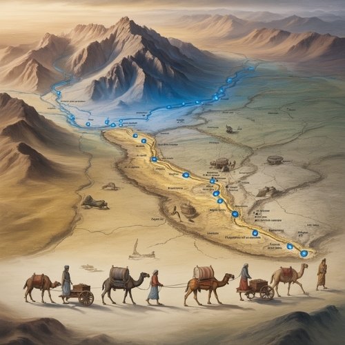 Camel caravan traverses a desert landscape beneath rugged mountains, following the Silk Road map marked with blue lapis lazuli dots. Tone is adventurous and historical.