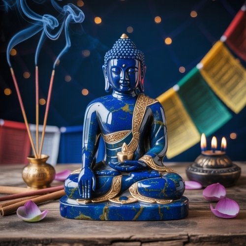 A blue lapis lazuli Buddha statue sits serenely on a wooden table, surrounded by lit incense sticks and petals. Prayer flags and warm lights add a tranquil ambiance.