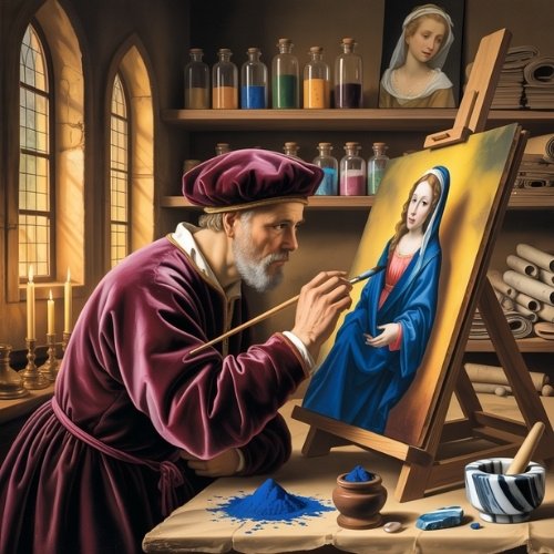 A Renaissance artist in a maroon outfit paints a woman in blue. He works by candlelight in a studio filled with supplies, creating a focused, serene mood.