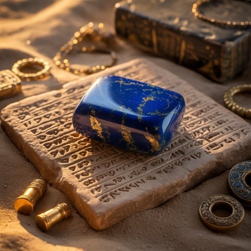 A polished blue and gold lapis lazuli stone rests on a carved ancient tablet surrounded by jewelry and artifacts on sand, evoking a sense of mystery and history.