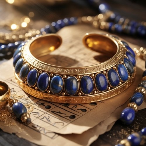 Golden cuff with blue lapis lazuli gemstones and ancient script, resting on aged papers with hieroglyphs. Surrounding beads add a historical, elegant vibe.