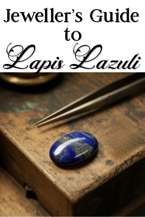 A polished lapis lazuli stone with a deep blue hue rests on a wooden workbench beside a pair of metal tweezers. The image is topped with the text 'Jeweller's Guide to Lapis Lazuli' in elegant font, conveying a tone of expertise and elegance.