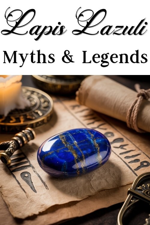 A polished blue lapis lazuli stone on ancient parchment with symbols, surrounded by a candle and scroll, evokes mystery and legends. Text on the image reads 'lapis lazuli myths and legends'