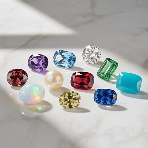 A collection of colorful gemstones including a pearl, arranged on a sunlit marble surface. The gems' vibrant colors create a luxurious, elegant tone.