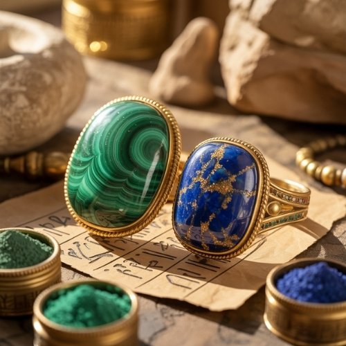 Two ornate rings with large gemstones, one malachite, the other lapis lazuli, rest on a parchment amidst jars of colored powders.