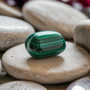 A polished, green malachite stone with striped patterns rests on smooth, round beige pebbles. The scene conveys a calm and natural ambiance.