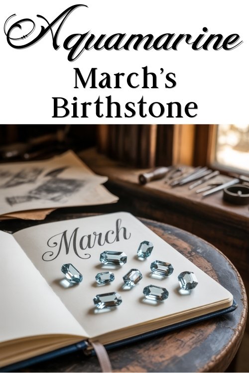 Open notebook on a wooden table with polished aquamarine gems arranged on the page labeled 'March.' Tools and papers are in the background, conveying a sense of craftsmanship. Text above reads 'Aquamarine, March's Birthstone.'