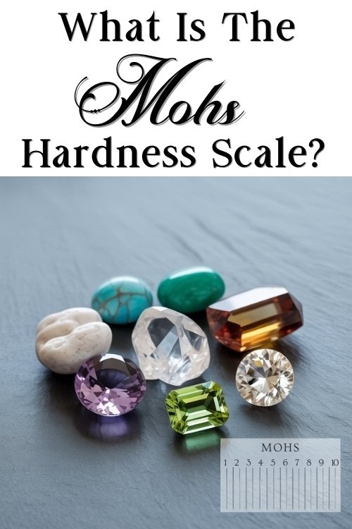 Colorful gemstones, including turquoise and amethyst, arranged on a gray surface with the title "What Is The Mohs Hardness Scale?" above.