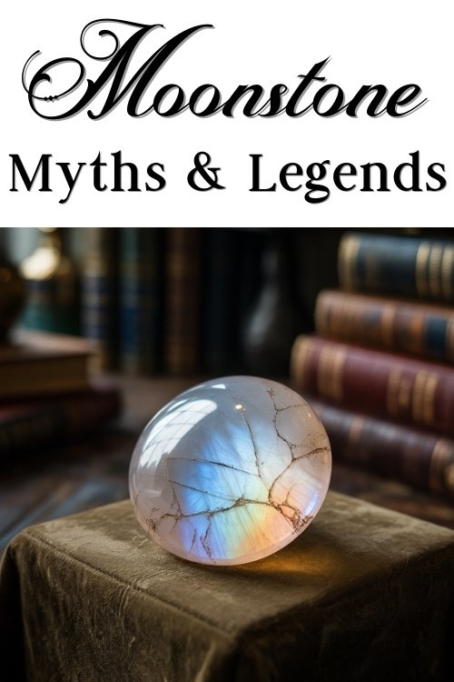 A glowing moonstone rests on a velvet surface, casting an iridescent light in a dimly lit room filled with antique books. The text above reads "Moonstone Myths & Legends" in elegant script.
