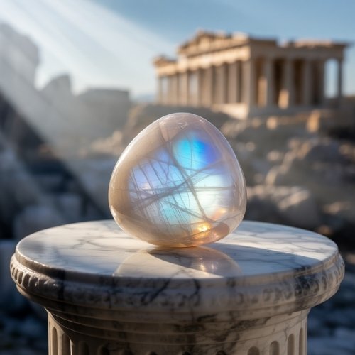 A luminous moonstone with blue and orange reflections sits on a marble pedestal. Sunlight beams over ancient ruins with columns in the background, creating a serene atmosphere.