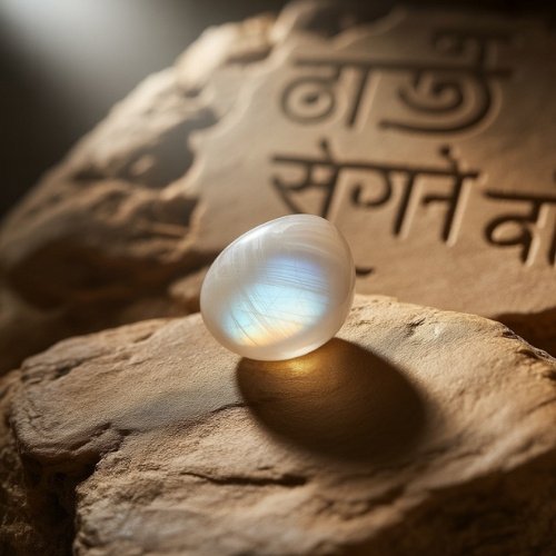 A smooth moonstone glows with a blue sheen on a textured rock. Background features ancient script etched into stone, creating a mystical, serene atmosphere.