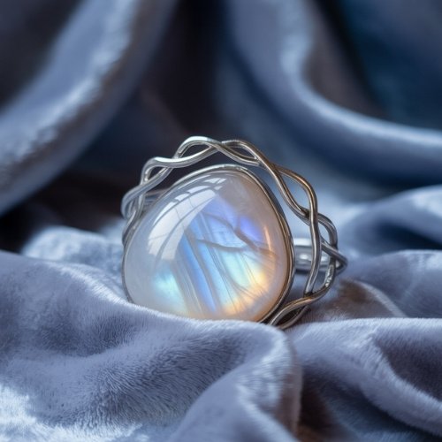A luminous moonstone ring with silver swirling band rests on soft, blue velvet fabric. The setting creates an elegant, serene, and mystical ambiance.