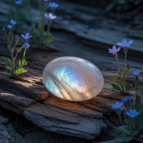 A glowing moonstone rests on textured wood, surrounded by small purple-blue flowers. The scene is serene and enchanting, with soft, colorful reflections.