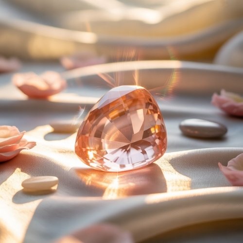 A sparkling peachy-pink morganite gemstone rests on soft fabric, surrounded by delicate pink petals and smooth pebbles, illuminated by warm sunlight.
