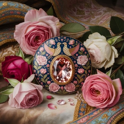 A decorative compact with floral patterns and two birds, featuring a large pink morganite gem, surrounded by pink, red, and white roses on an ornate fabric. Luxurious and elegant.