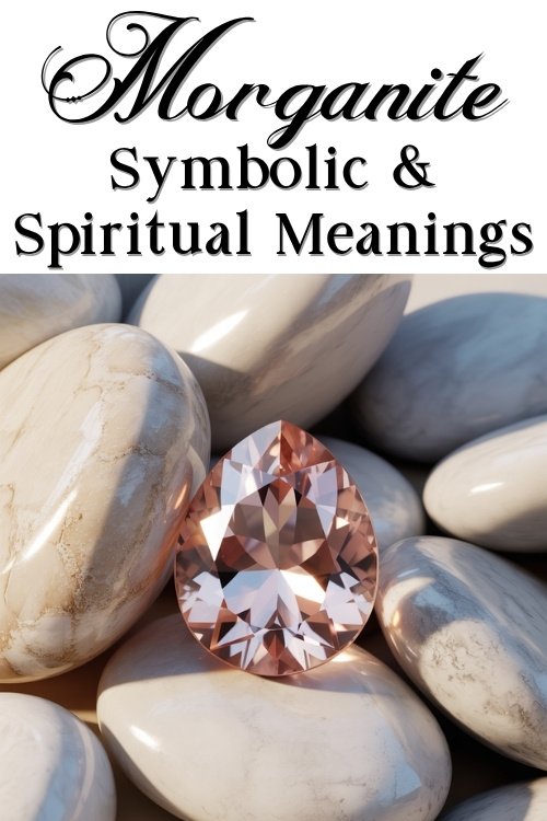 A pear-shaped morganite gemstone sits on smooth white stones. The text above reads, "Morganite: Symbolic & Spiritual Meanings" in elegant font. The tone is serene and reflective.