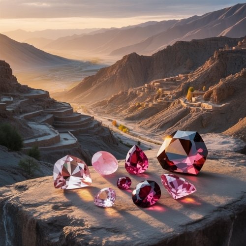 A collection of faceted pink gemstones on a cliff overlook a sunlit valley with steep mountain ridges, creating a serene and majestic atmosphere.