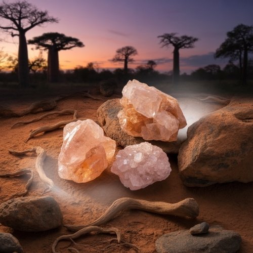 Translucent morganite crystals on rocky desert ground, illuminated softly at dusk, surrounded by baobab trees and silhouetted against a colorful sunset sky.