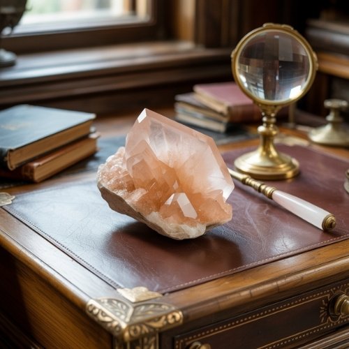 A large, translucent morganite crystal sits on an ornate wooden desk with vintage books, a magnifying glass, and window light, conveying a sense of curiosity and antiquity.