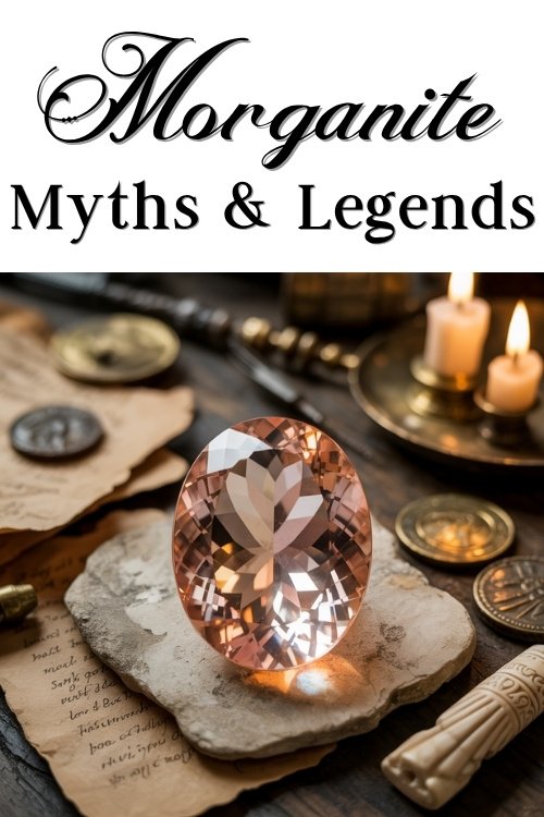 Sparkling morganite gem on aged paper with coins and candles, evoking a mystical and historical theme. Text above reads 'Morganite Myths & Legends.