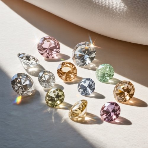 A collection of colorful diamonds, including pink, green, and amber hues, sparkle in sunlight on a soft beige surface, casting delicate shadows.