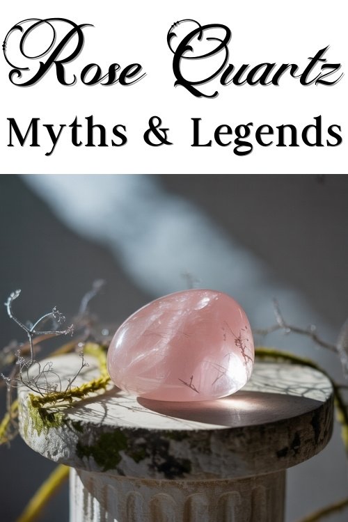 A polished rose quartz sits on a weathered pedestal, surrounded by delicate twigs. Above, decorative text reads "Rose Quartz Myths & Legends." Soft, mystical ambiance.