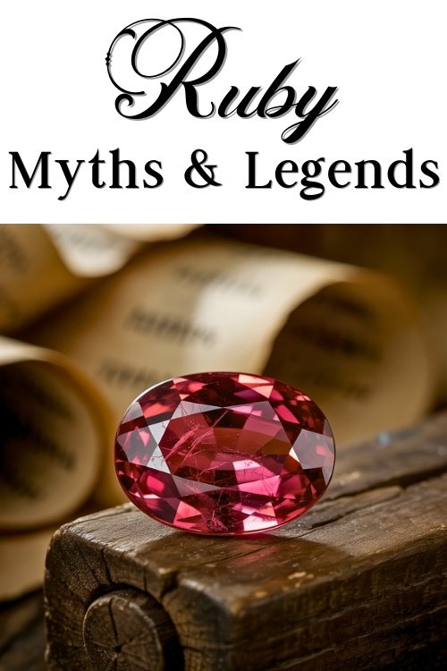 A sparkling red ruby gemstone lies on a rustic wooden surface with scrolls in the background. The image title reads "Ruby Myths & Legends" in elegant font.